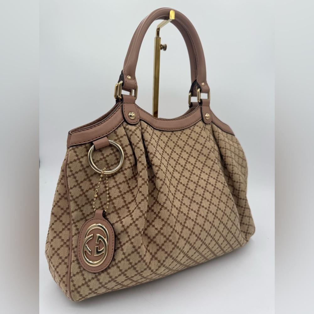 GUCCI Diamante Canvas GG Pink Leather Trim Tote Bag